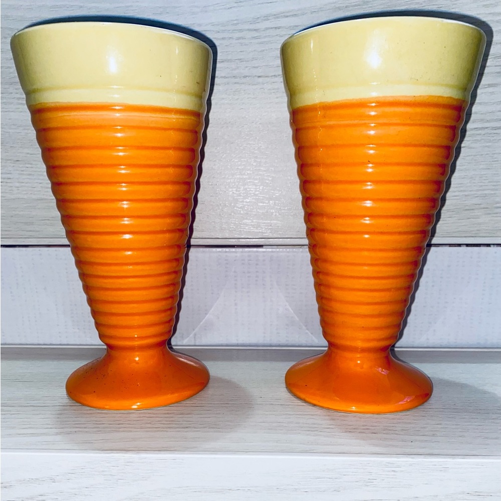 TRISA TWO-TONE Stoneware SUNDAE TUMBLERS Ice Cream DESSERT CUPS Flutes Set of 2